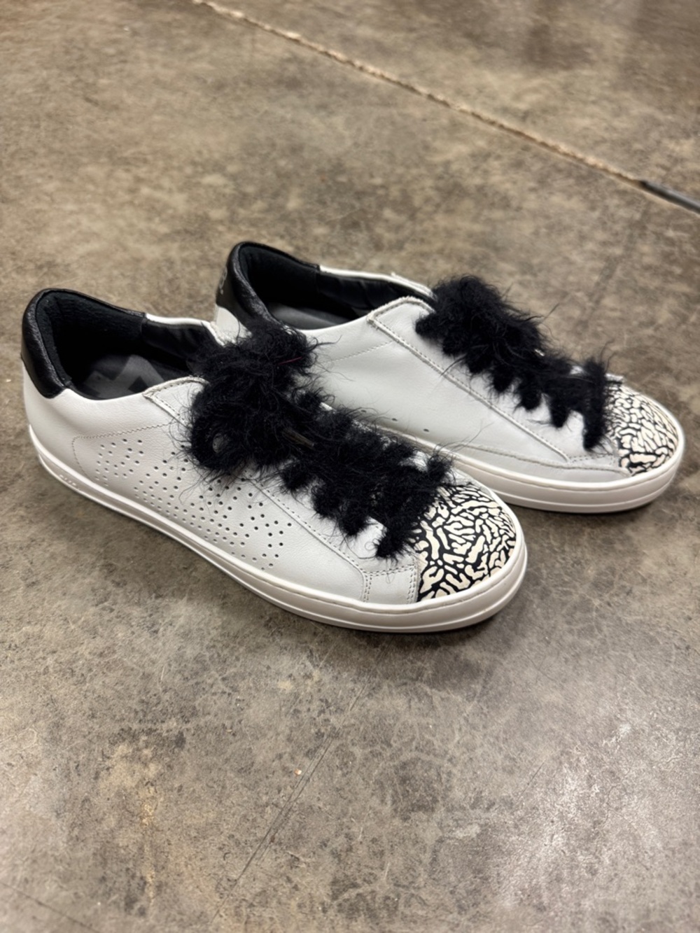 P448 White Leather Sneakers with Black Fur Laces and Black Patterned Toe